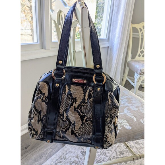 Michael Kors Honey Black Patent Leather Snake Python Embossed Tote Shoulder Bag - Picture 1 of 16